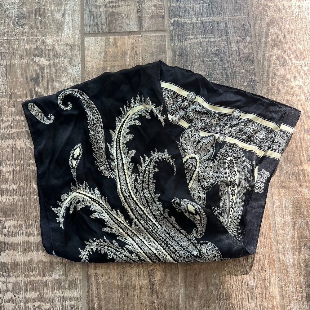 Black Cream Paisley Silk Scarf Rectangle 10"x50" Jones New York